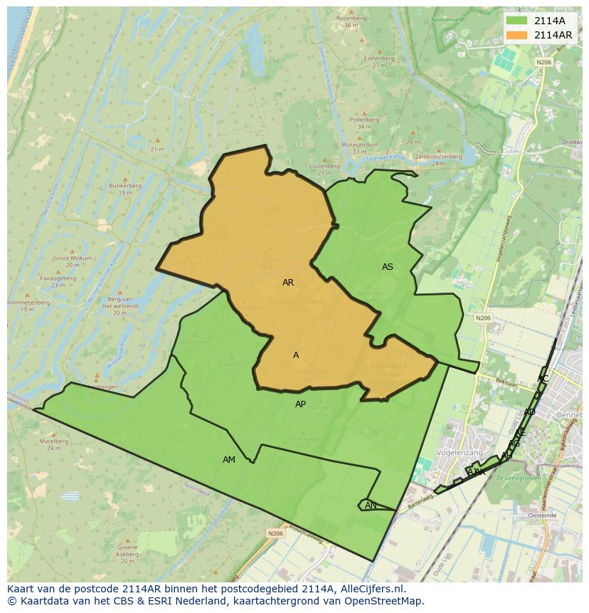 Afbeelding van het postcodegebied 2114 AR op de kaart.