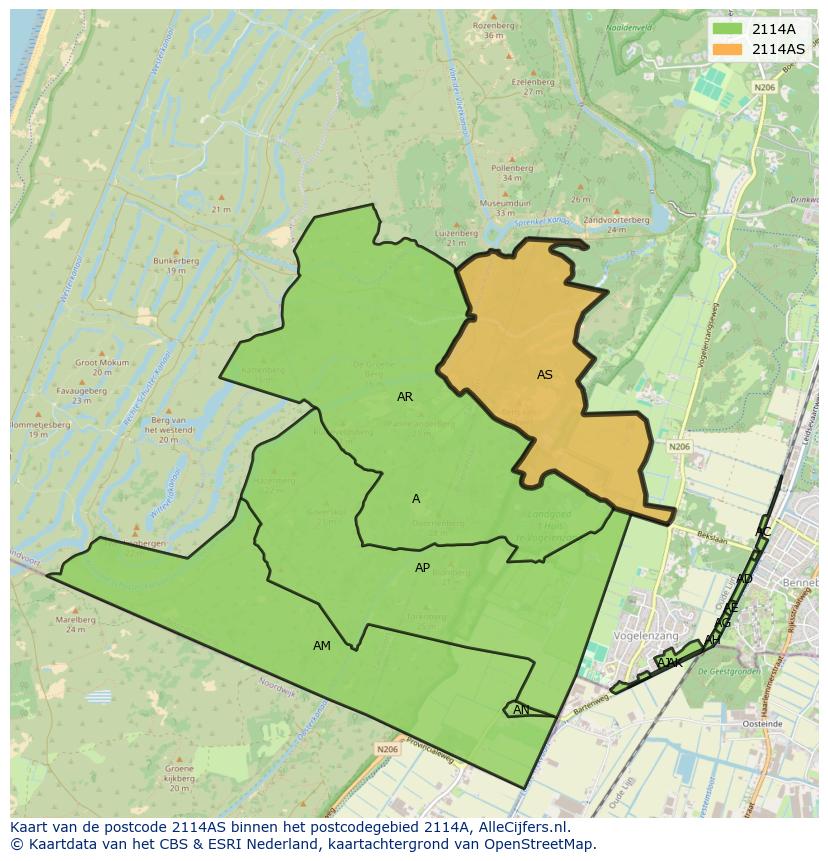 Afbeelding van het postcodegebied 2114 AS op de kaart.