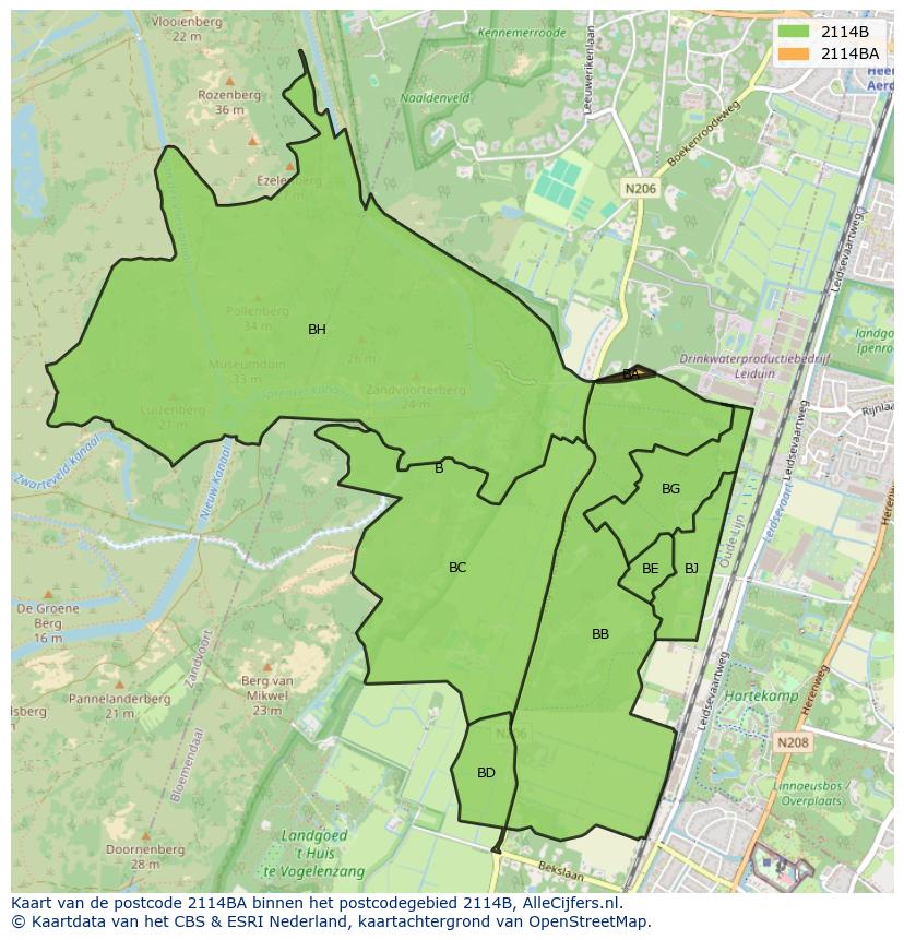 Afbeelding van het postcodegebied 2114 BA op de kaart.