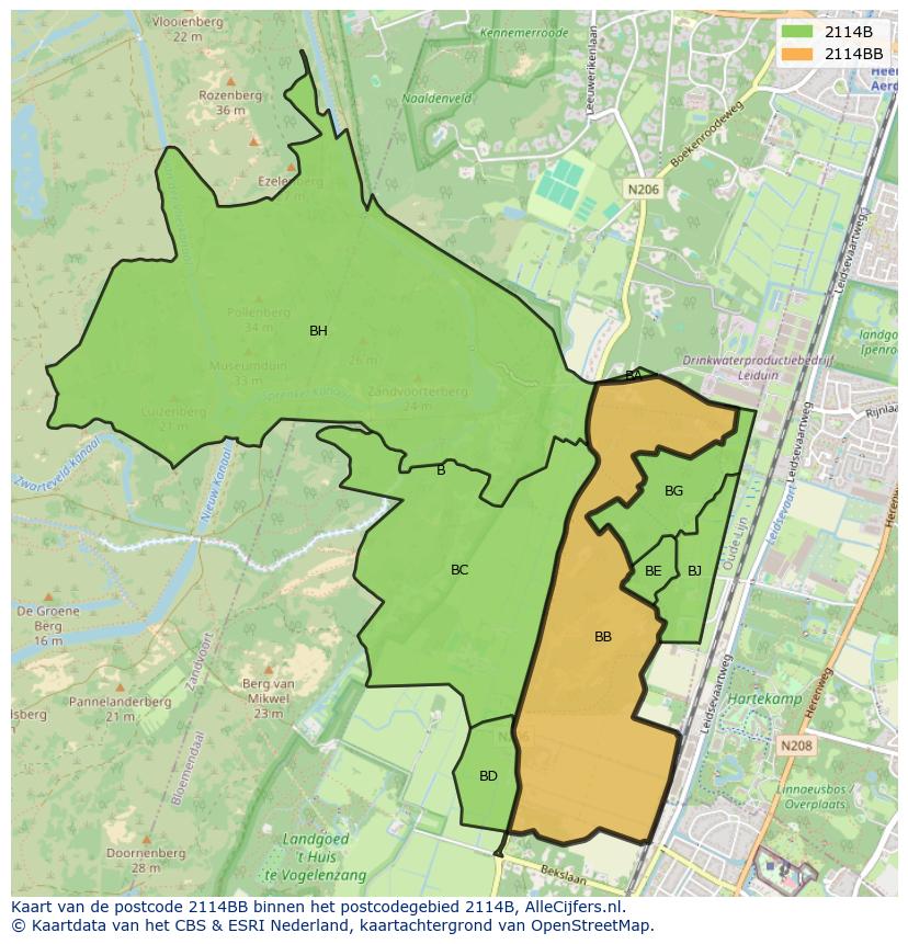 Afbeelding van het postcodegebied 2114 BB op de kaart.