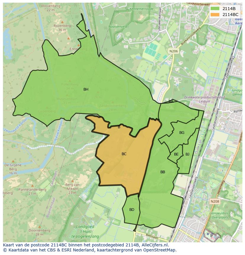 Afbeelding van het postcodegebied 2114 BC op de kaart.