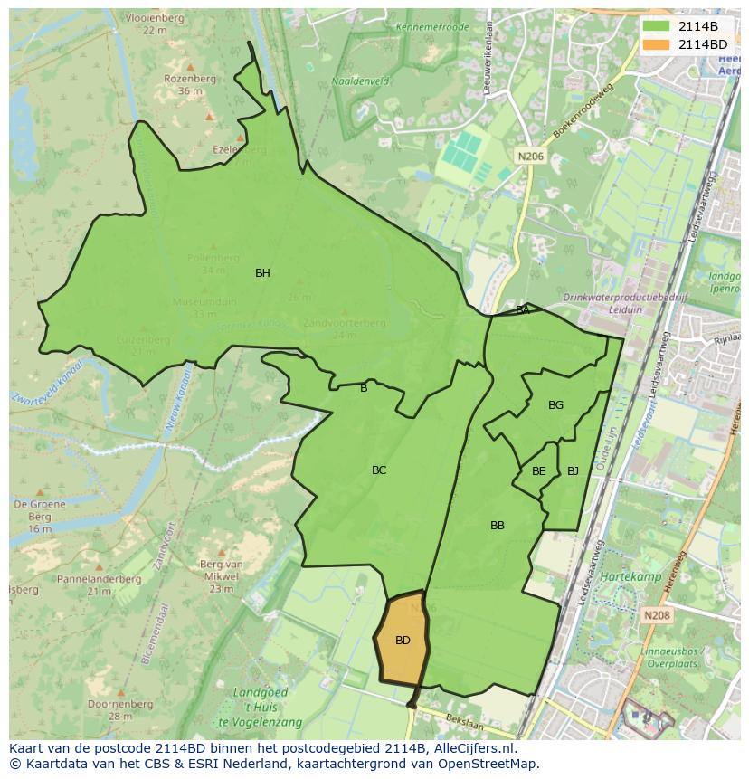 Afbeelding van het postcodegebied 2114 BD op de kaart.
