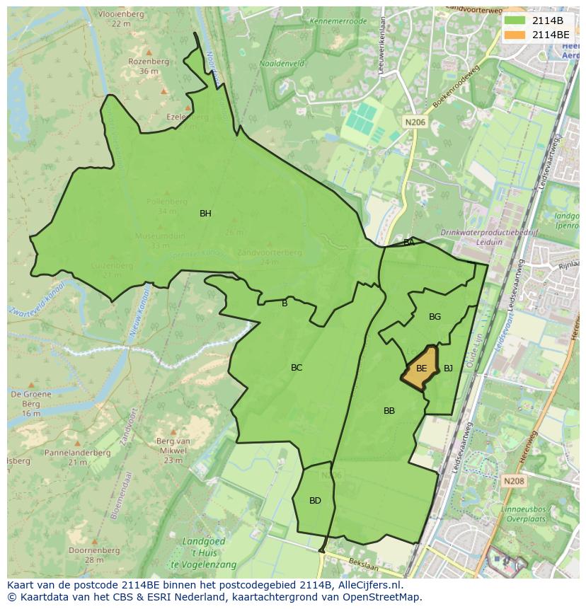 Afbeelding van het postcodegebied 2114 BE op de kaart.