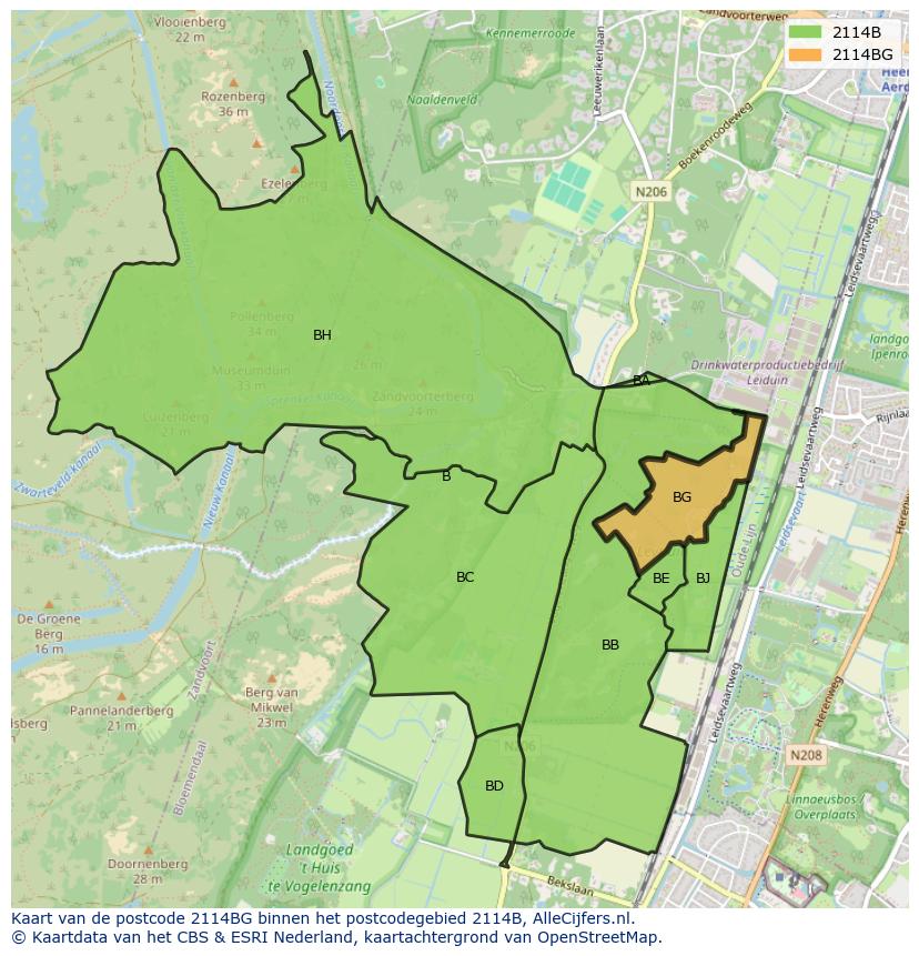 Afbeelding van het postcodegebied 2114 BG op de kaart.
