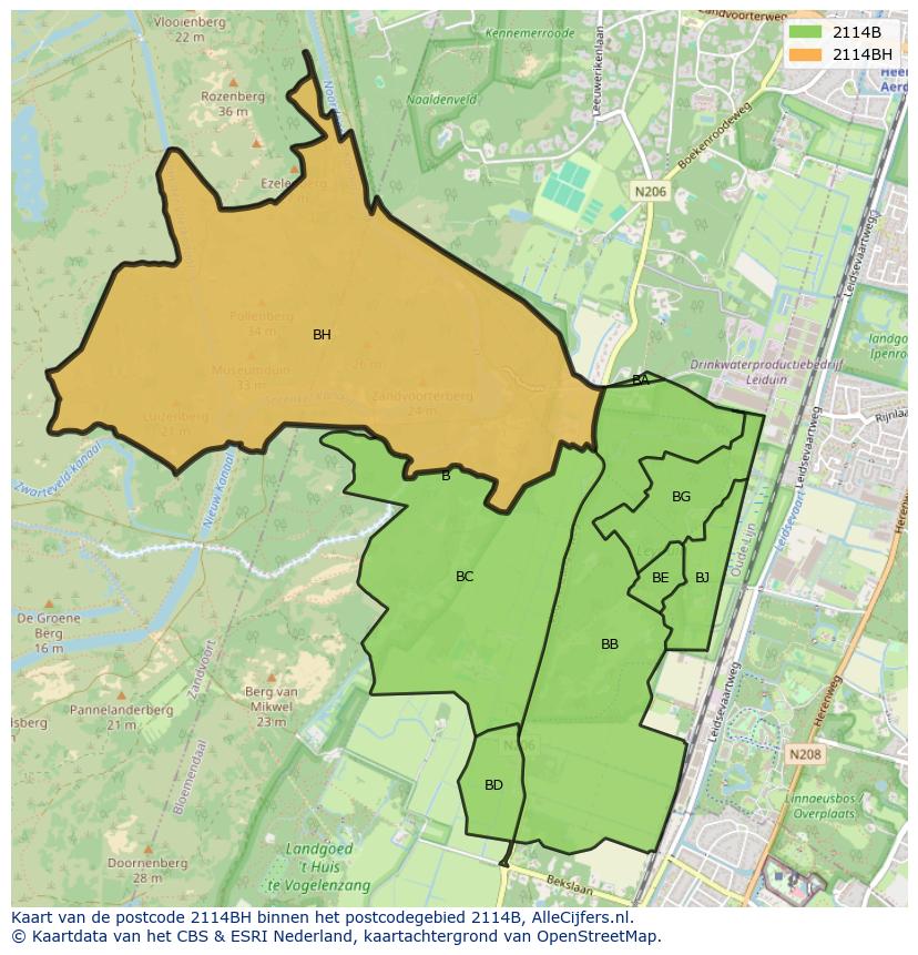 Afbeelding van het postcodegebied 2114 BH op de kaart.