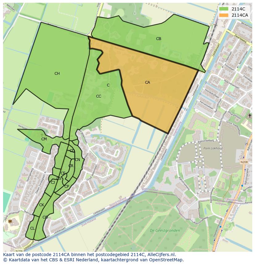 Afbeelding van het postcodegebied 2114 CA op de kaart.