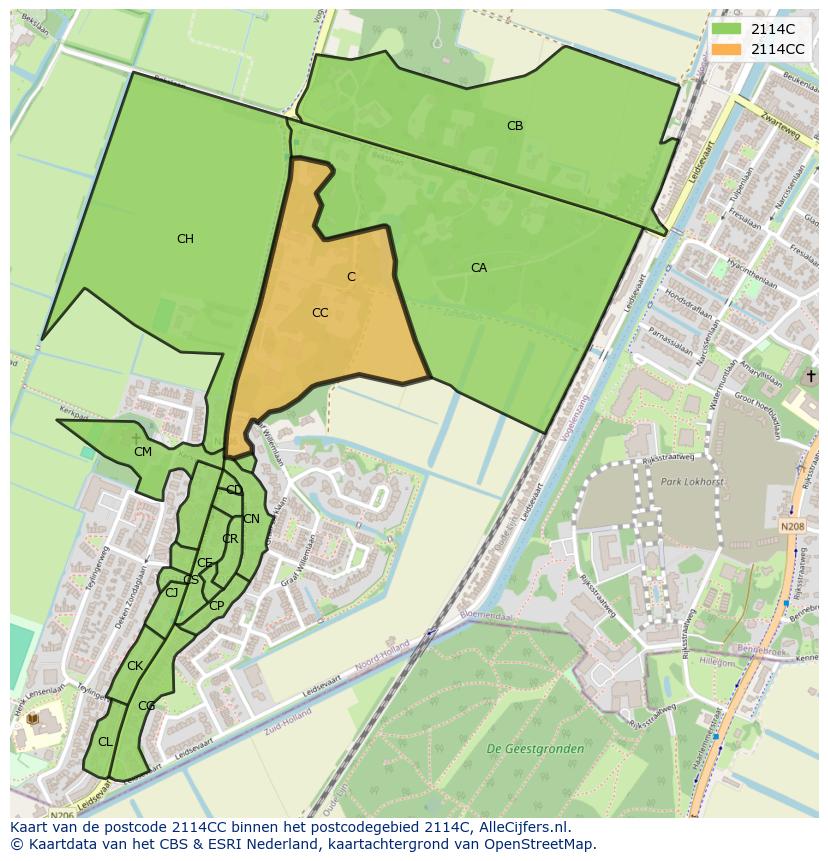 Afbeelding van het postcodegebied 2114 CC op de kaart.
