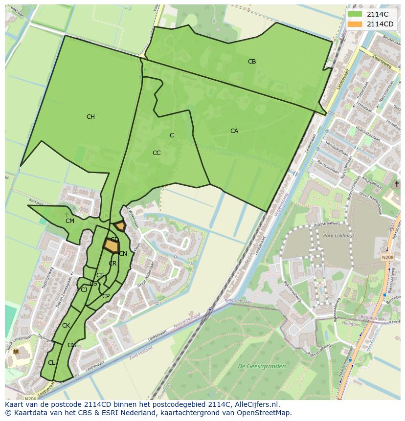 Afbeelding van het postcodegebied 2114 CD op de kaart.