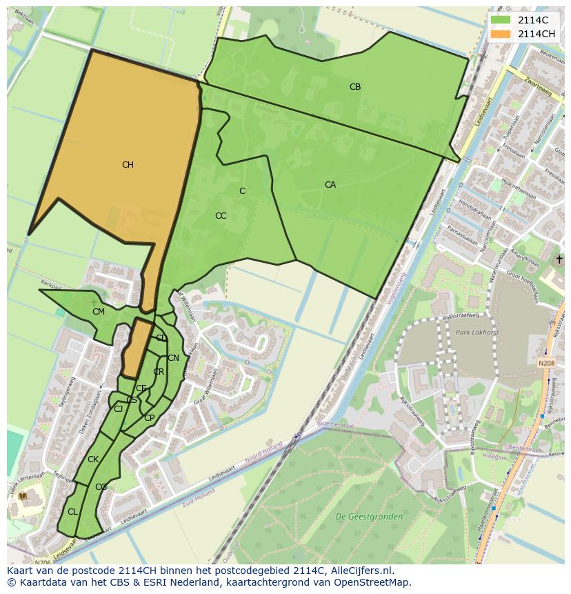 Afbeelding van het postcodegebied 2114 CH op de kaart.