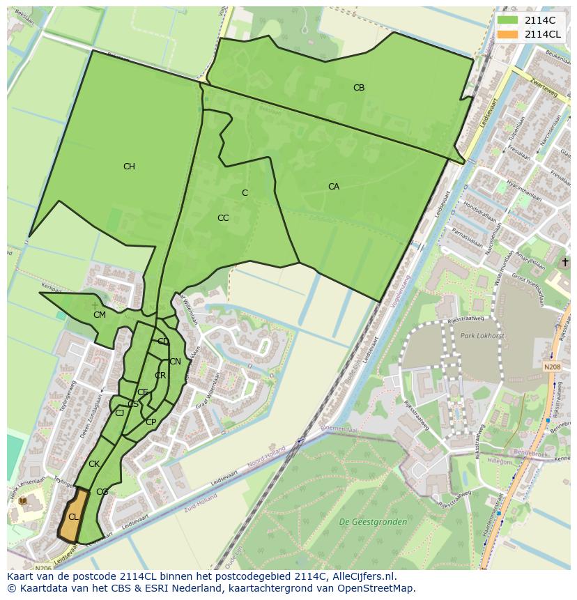Afbeelding van het postcodegebied 2114 CL op de kaart.