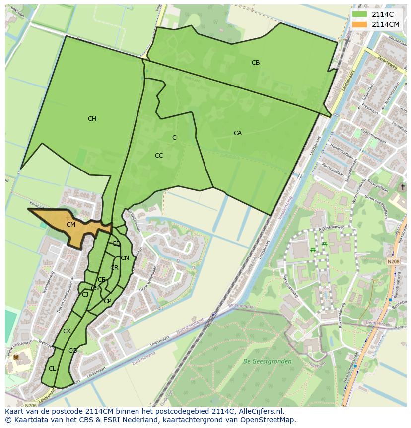 Afbeelding van het postcodegebied 2114 CM op de kaart.