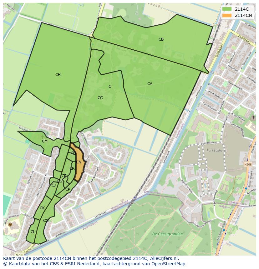 Afbeelding van het postcodegebied 2114 CN op de kaart.