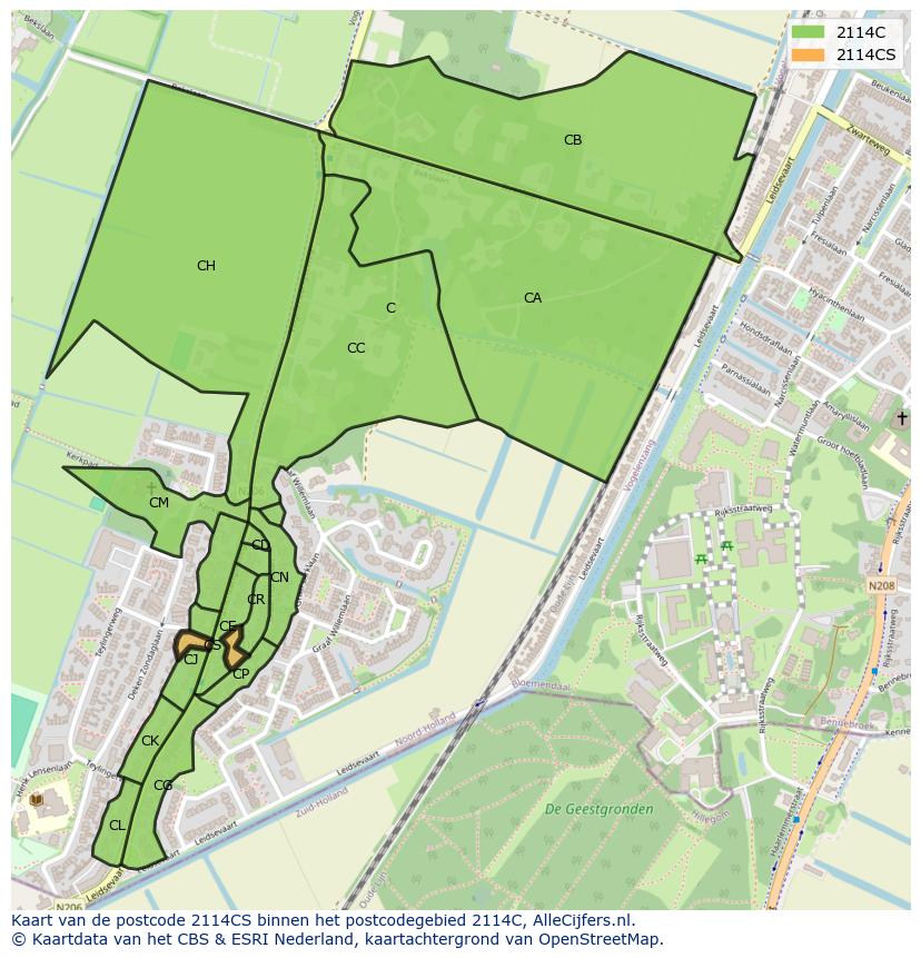 Afbeelding van het postcodegebied 2114 CS op de kaart.