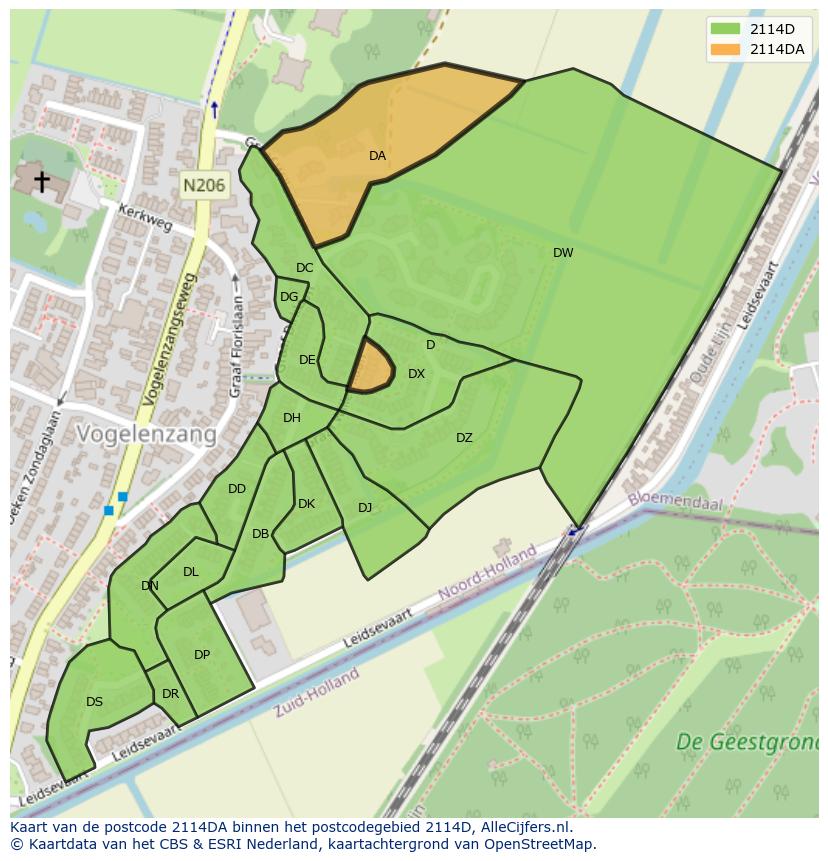 Afbeelding van het postcodegebied 2114 DA op de kaart.