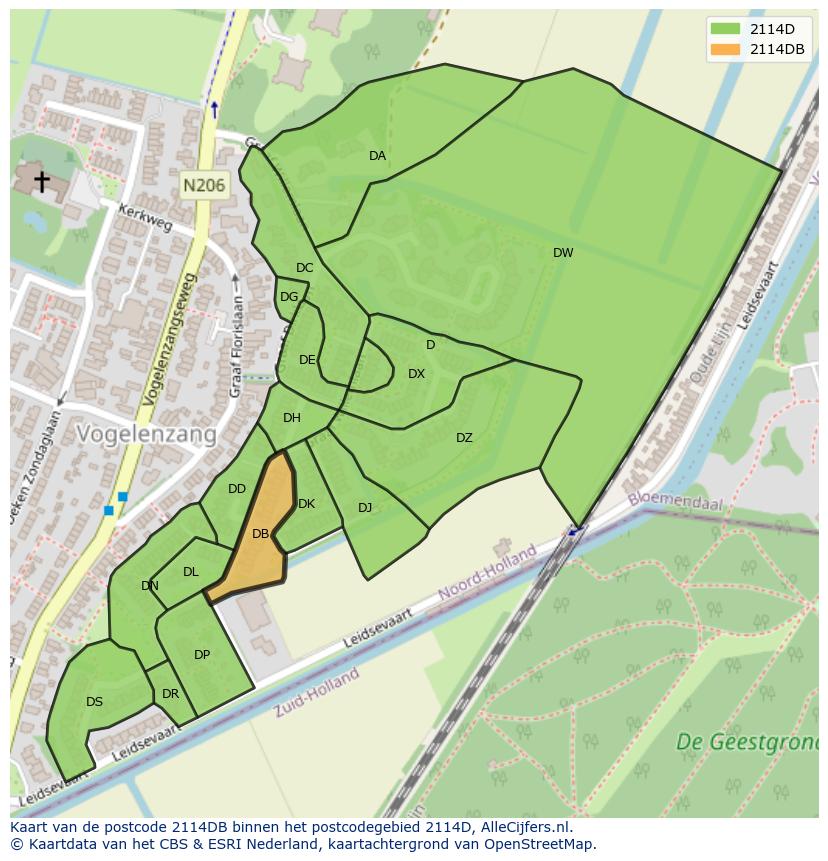 Afbeelding van het postcodegebied 2114 DB op de kaart.