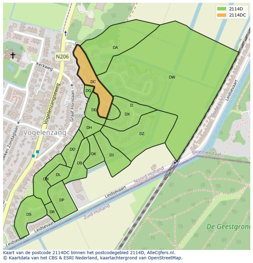 Afbeelding van het postcodegebied 2114 DC op de kaart.
