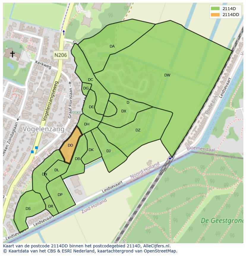Afbeelding van het postcodegebied 2114 DD op de kaart.