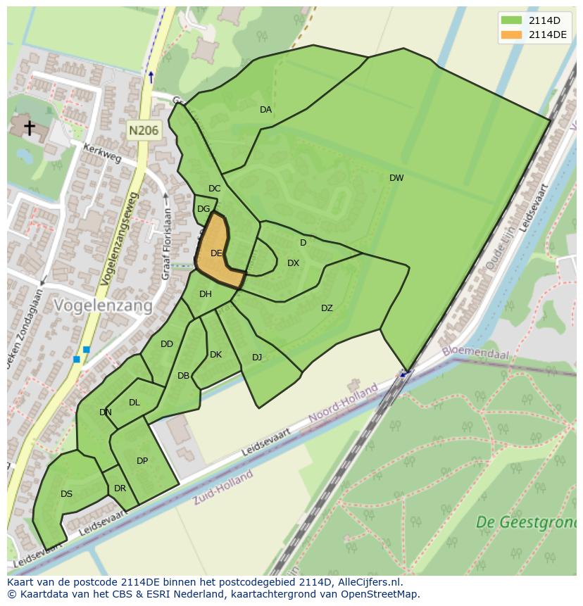 Afbeelding van het postcodegebied 2114 DE op de kaart.