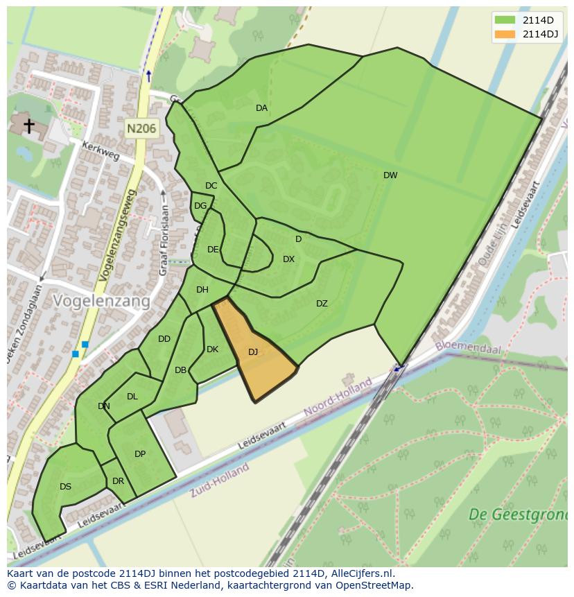 Afbeelding van het postcodegebied 2114 DJ op de kaart.