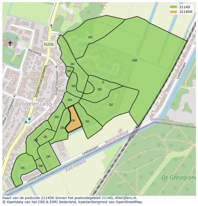 Afbeelding van het postcodegebied 2114 DK op de kaart.