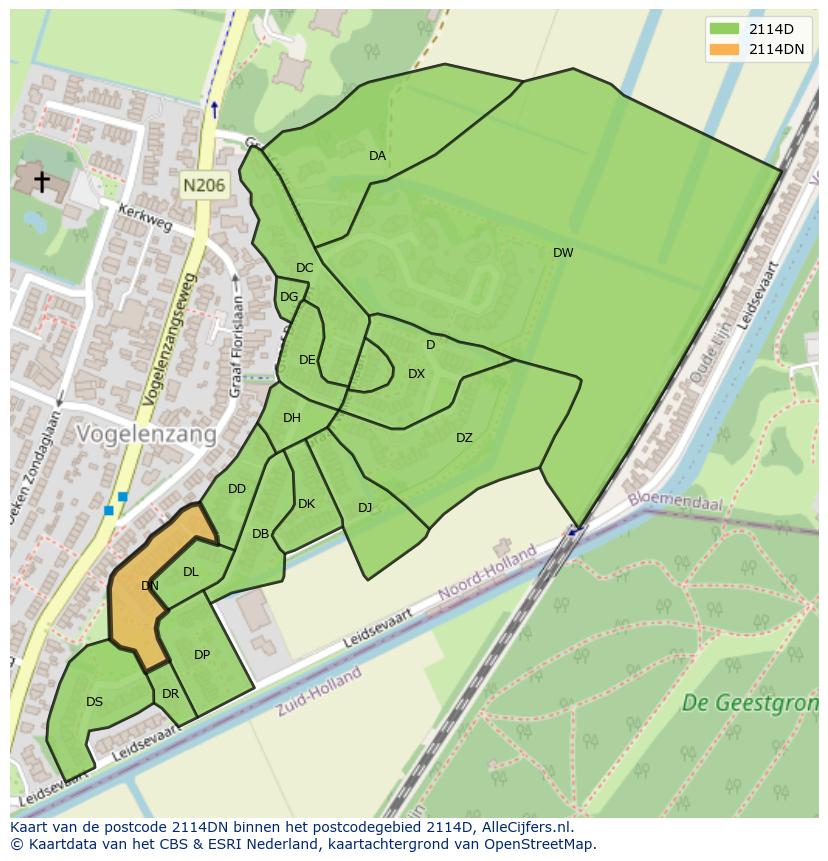 Afbeelding van het postcodegebied 2114 DN op de kaart.