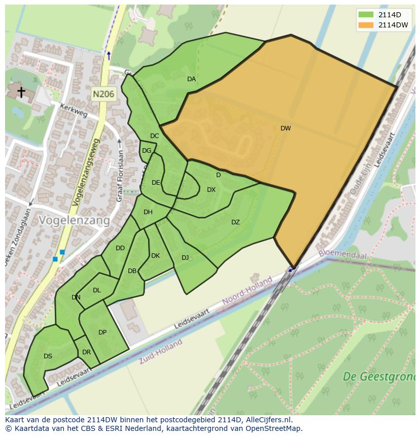 Afbeelding van het postcodegebied 2114 DW op de kaart.