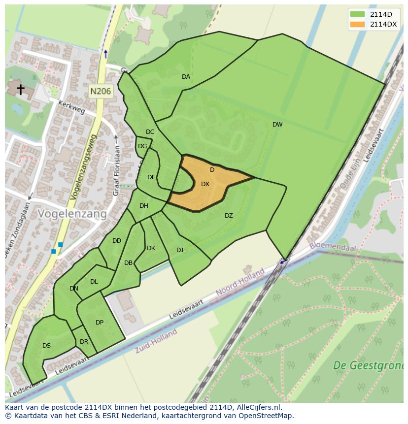 Afbeelding van het postcodegebied 2114 DX op de kaart.