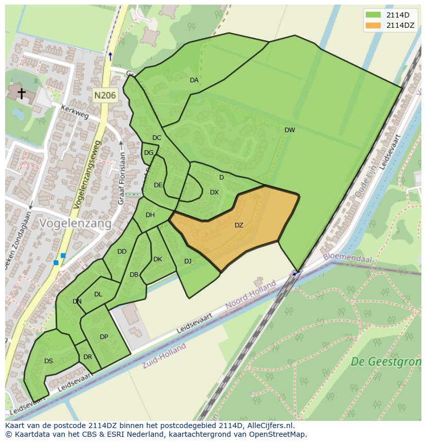 Afbeelding van het postcodegebied 2114 DZ op de kaart.