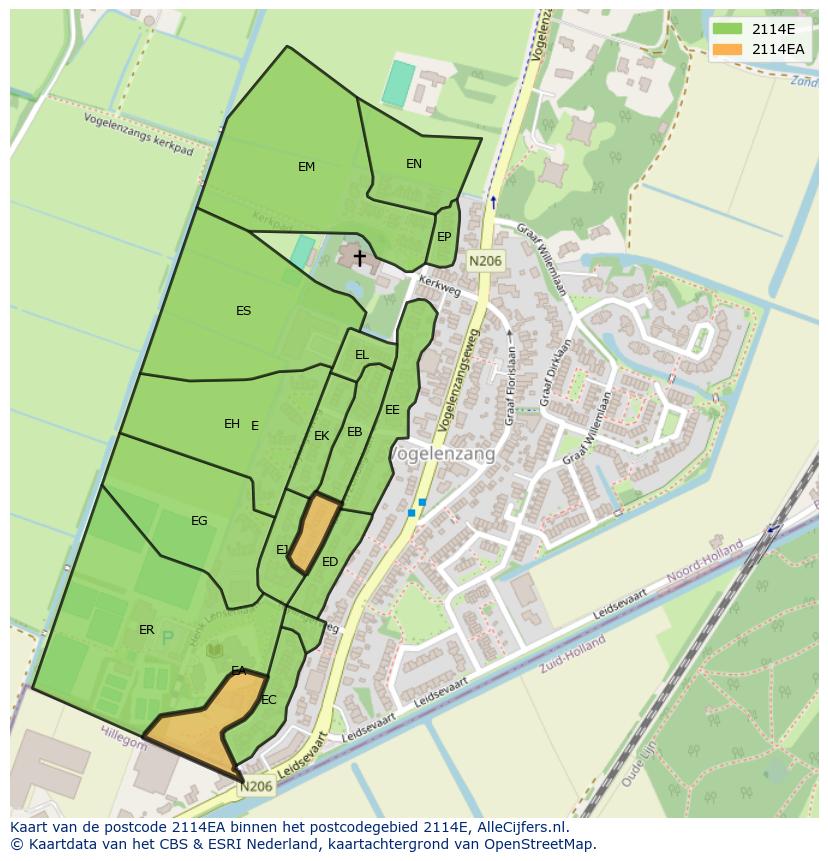 Afbeelding van het postcodegebied 2114 EA op de kaart.
