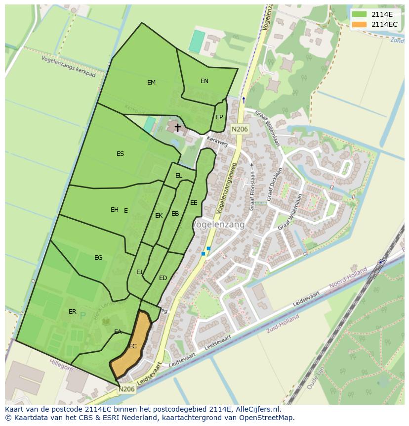 Afbeelding van het postcodegebied 2114 EC op de kaart.