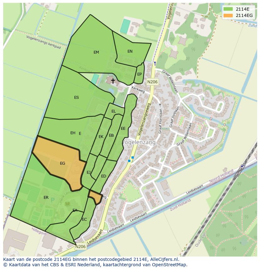Afbeelding van het postcodegebied 2114 EG op de kaart.