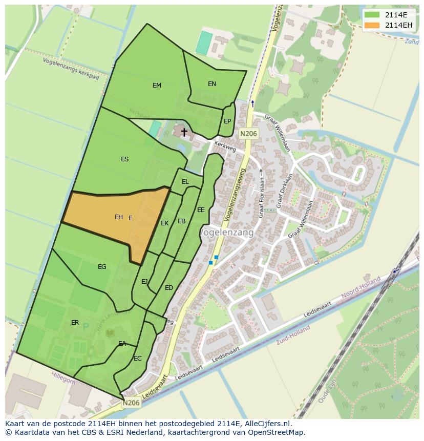 Afbeelding van het postcodegebied 2114 EH op de kaart.