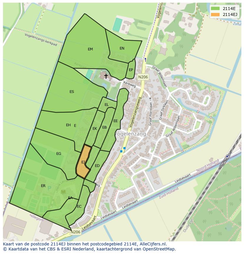 Afbeelding van het postcodegebied 2114 EJ op de kaart.