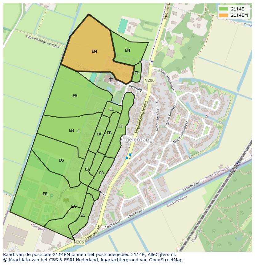 Afbeelding van het postcodegebied 2114 EM op de kaart.