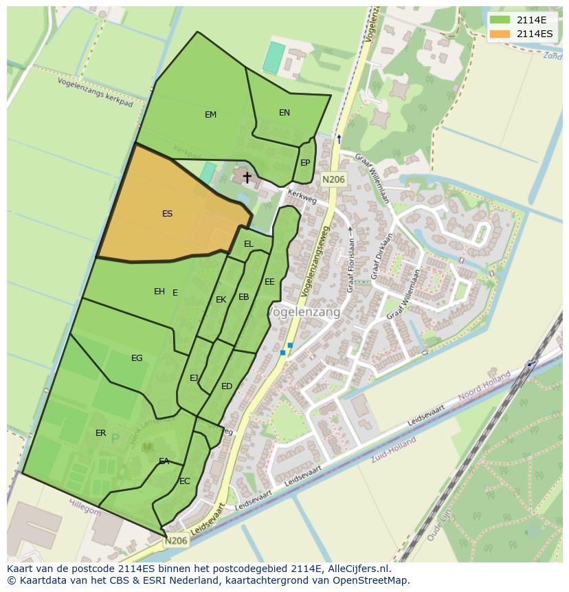 Afbeelding van het postcodegebied 2114 ES op de kaart.