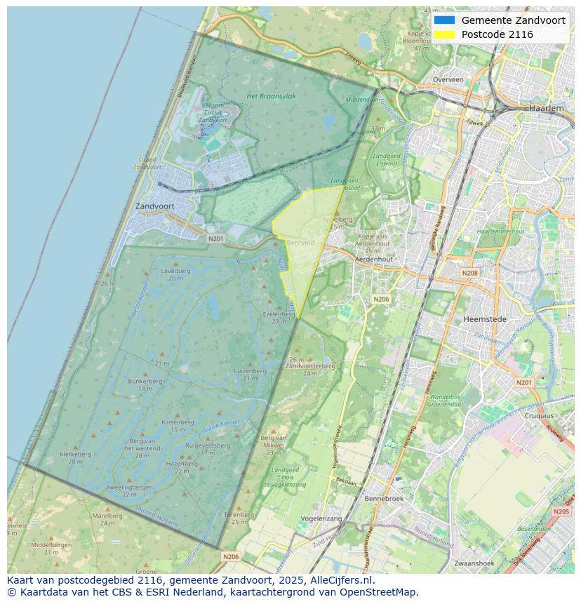Afbeelding van het postcodegebied 2116 op de kaart.