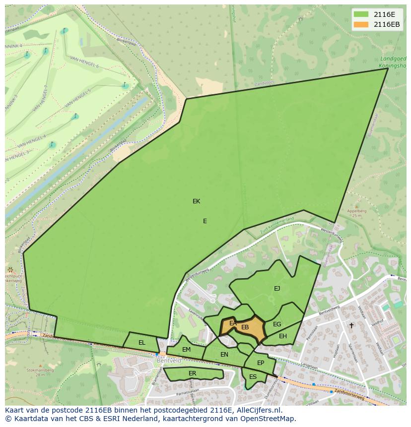 Afbeelding van het postcodegebied 2116 EB op de kaart.