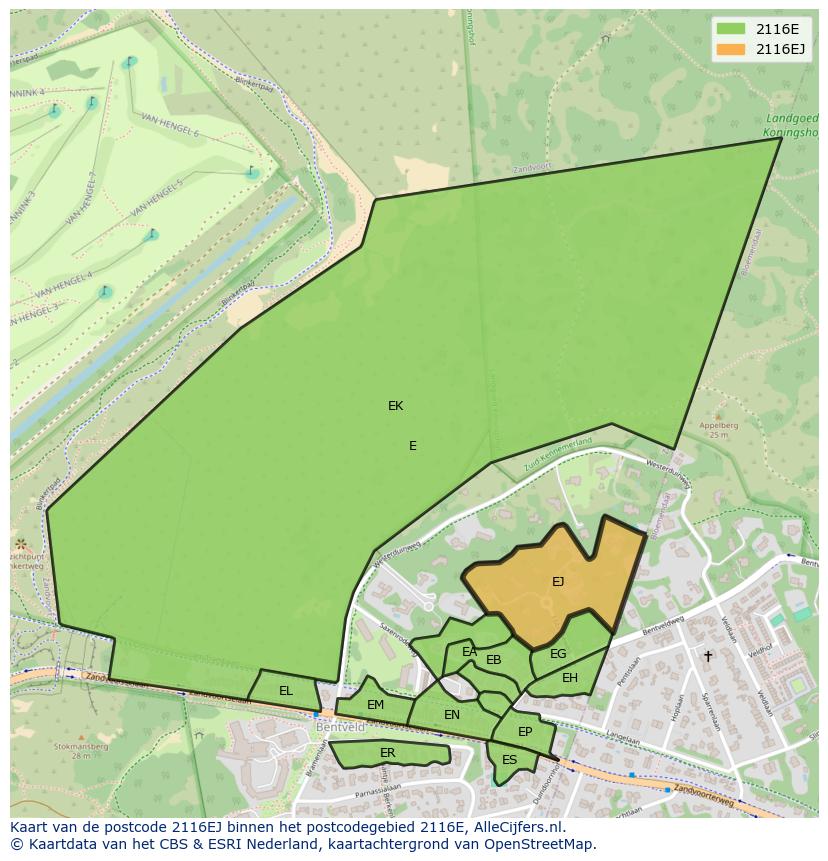 Afbeelding van het postcodegebied 2116 EJ op de kaart.