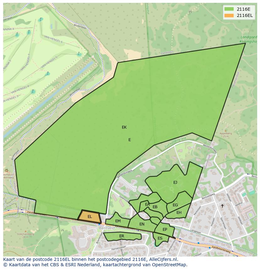 Afbeelding van het postcodegebied 2116 EL op de kaart.