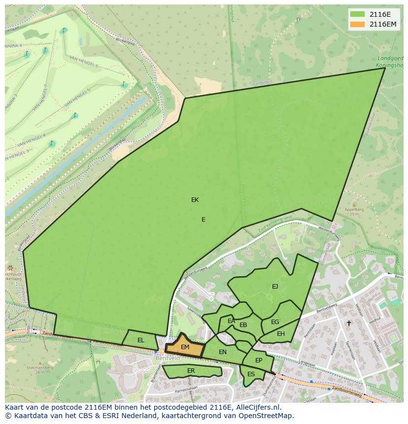 Afbeelding van het postcodegebied 2116 EM op de kaart.
