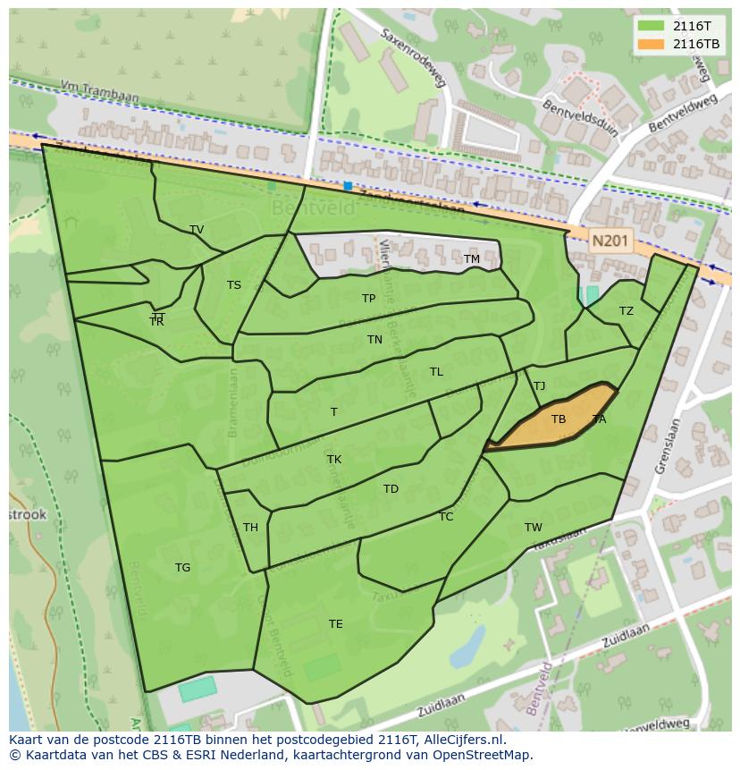 Afbeelding van het postcodegebied 2116 TB op de kaart.