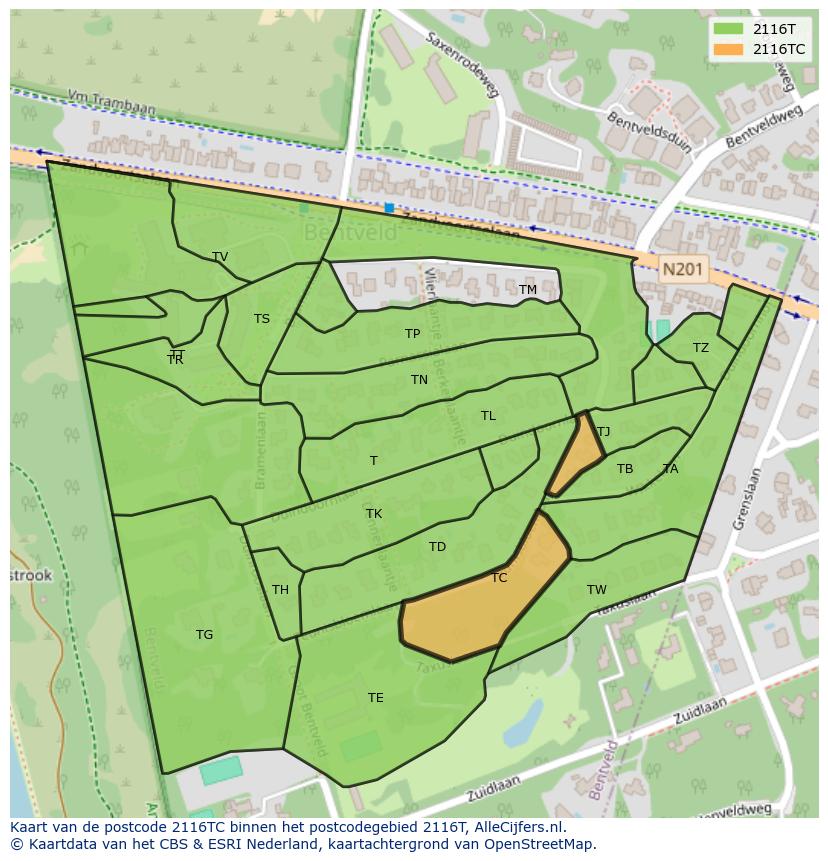 Afbeelding van het postcodegebied 2116 TC op de kaart.