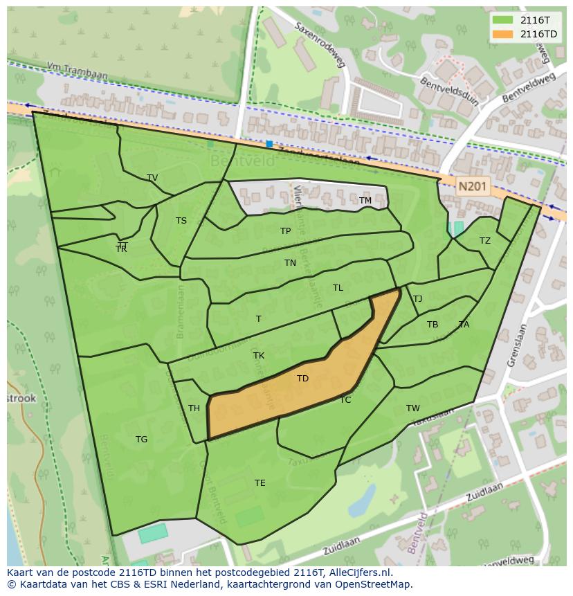 Afbeelding van het postcodegebied 2116 TD op de kaart.