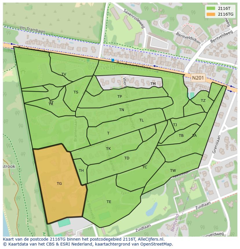 Afbeelding van het postcodegebied 2116 TG op de kaart.