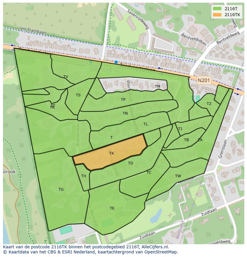 Afbeelding van het postcodegebied 2116 TK op de kaart.