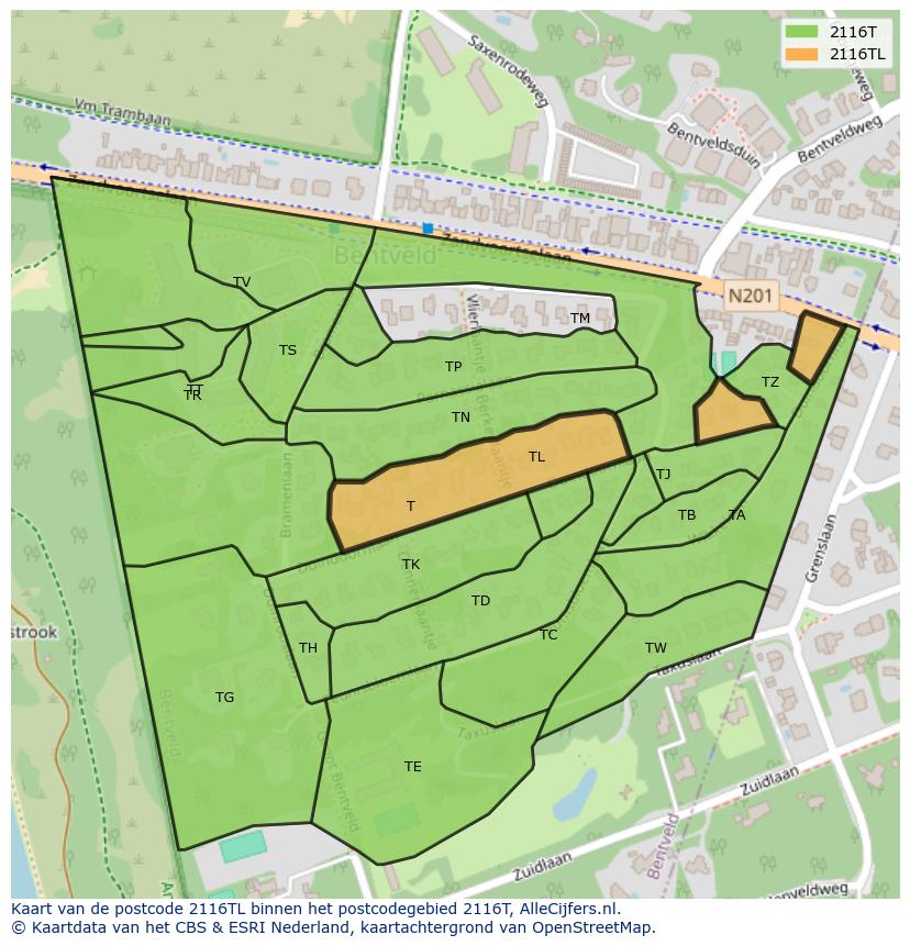 Afbeelding van het postcodegebied 2116 TL op de kaart.