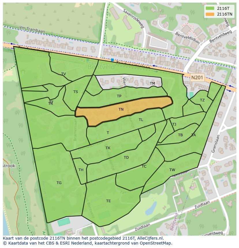 Afbeelding van het postcodegebied 2116 TN op de kaart.