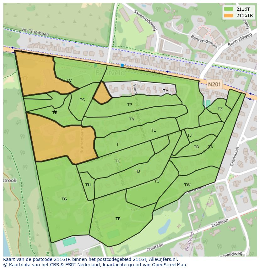 Afbeelding van het postcodegebied 2116 TR op de kaart.