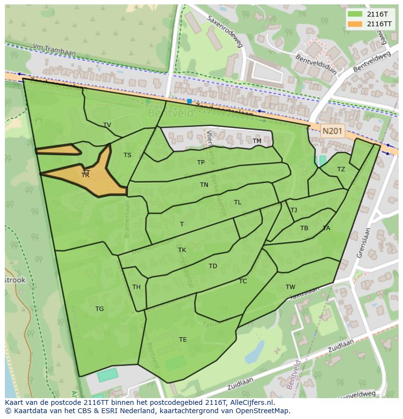 Afbeelding van het postcodegebied 2116 TT op de kaart.