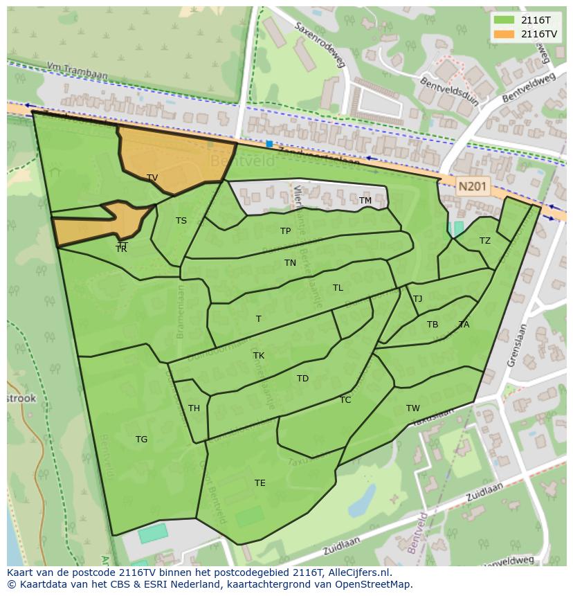 Afbeelding van het postcodegebied 2116 TV op de kaart.